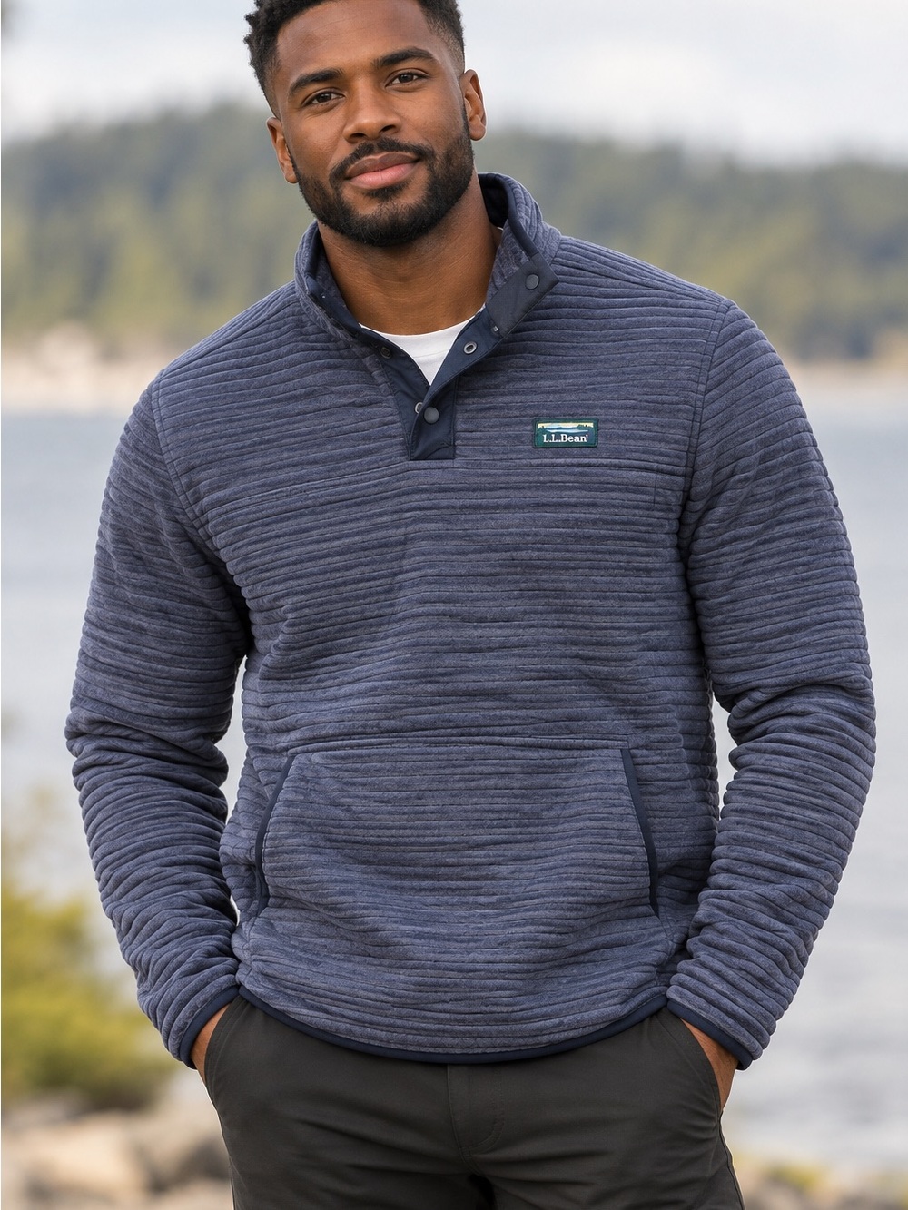 L.L. Bean Men's Navy Ribbed Quarter-Snap Fleece Pullover
